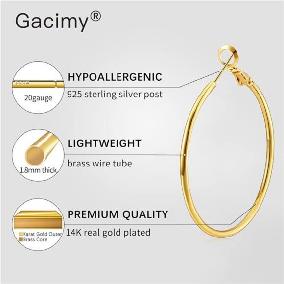 Hoop Earrings for Women 14K Real Gold Plated,925 Sterling Silver Post Gold hoops - Picture 2 of 7